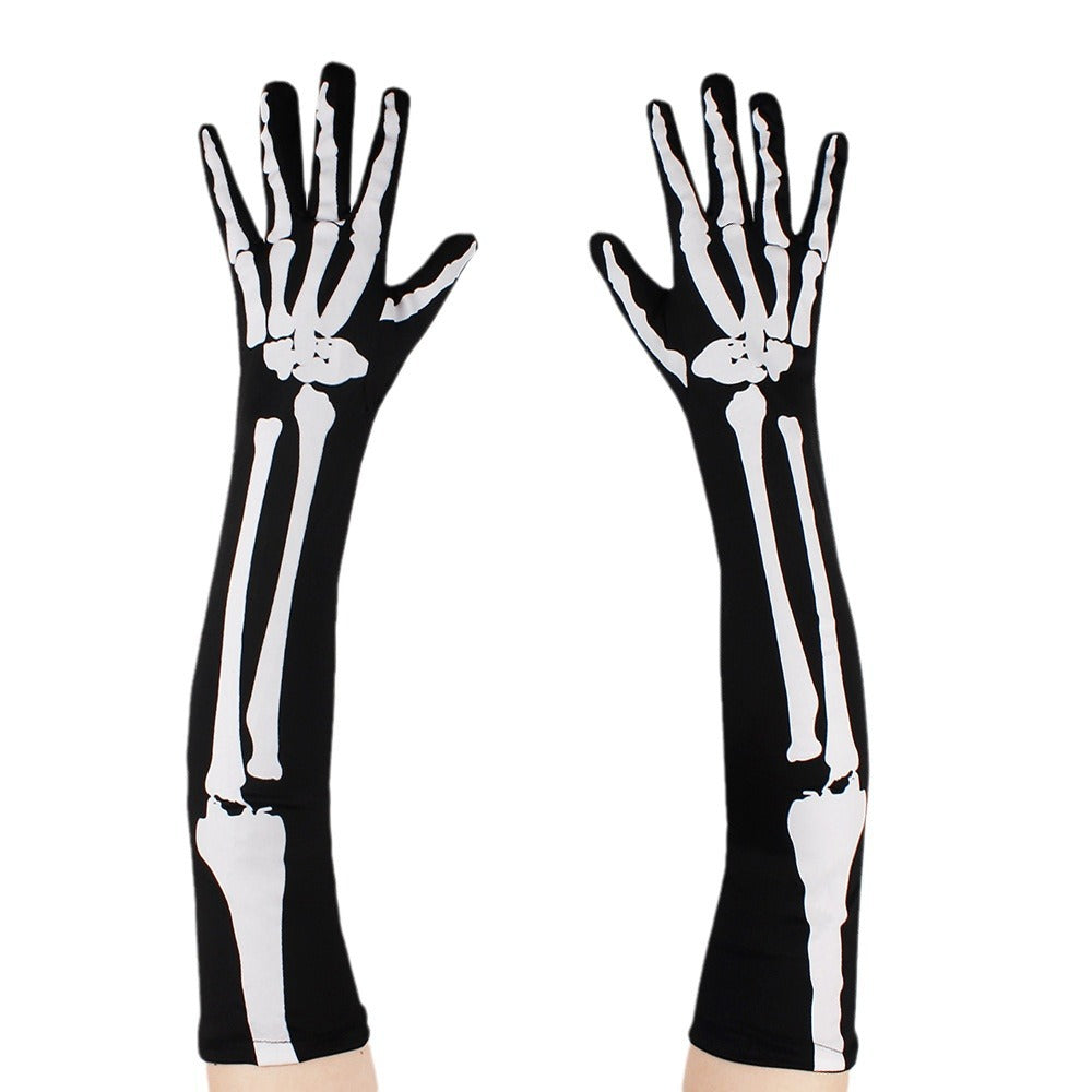 Halloween skeleton double-sided printed long ghost gloves cospaly performance props whole gu skeleton ghost gloves